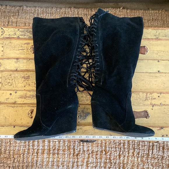 FREE PEOPLE 100% SUEDE LEATHER FRINGE TALL KNEE BOOTS FRINGE WEDGE - Picture 6 of 13